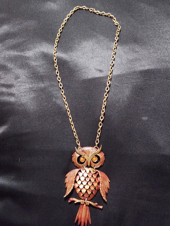 Jewelry - Vintage 1970s Enamel Articulated Owl Pendant Necklace Amber Rhinestone Eyes